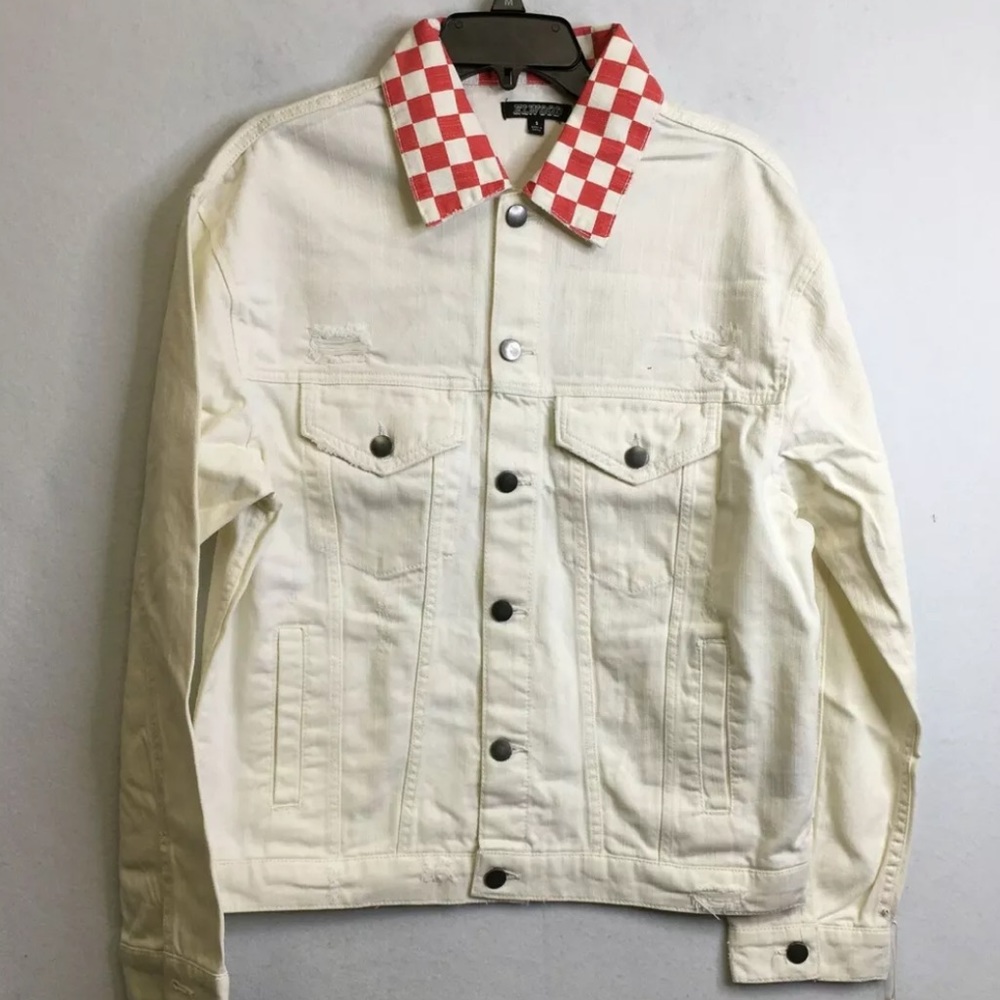 Elwood white denim jacket with red checker collar size M